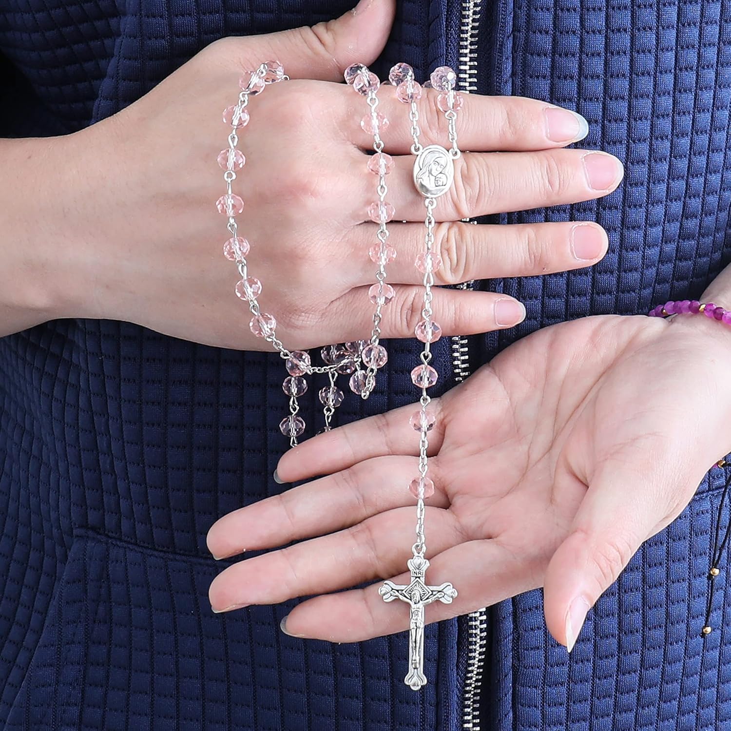 Nazareth Store Light Pink Crystallized Beads Rosary Necklace Holy Soil Medal and Cross Crucifix - Image 5