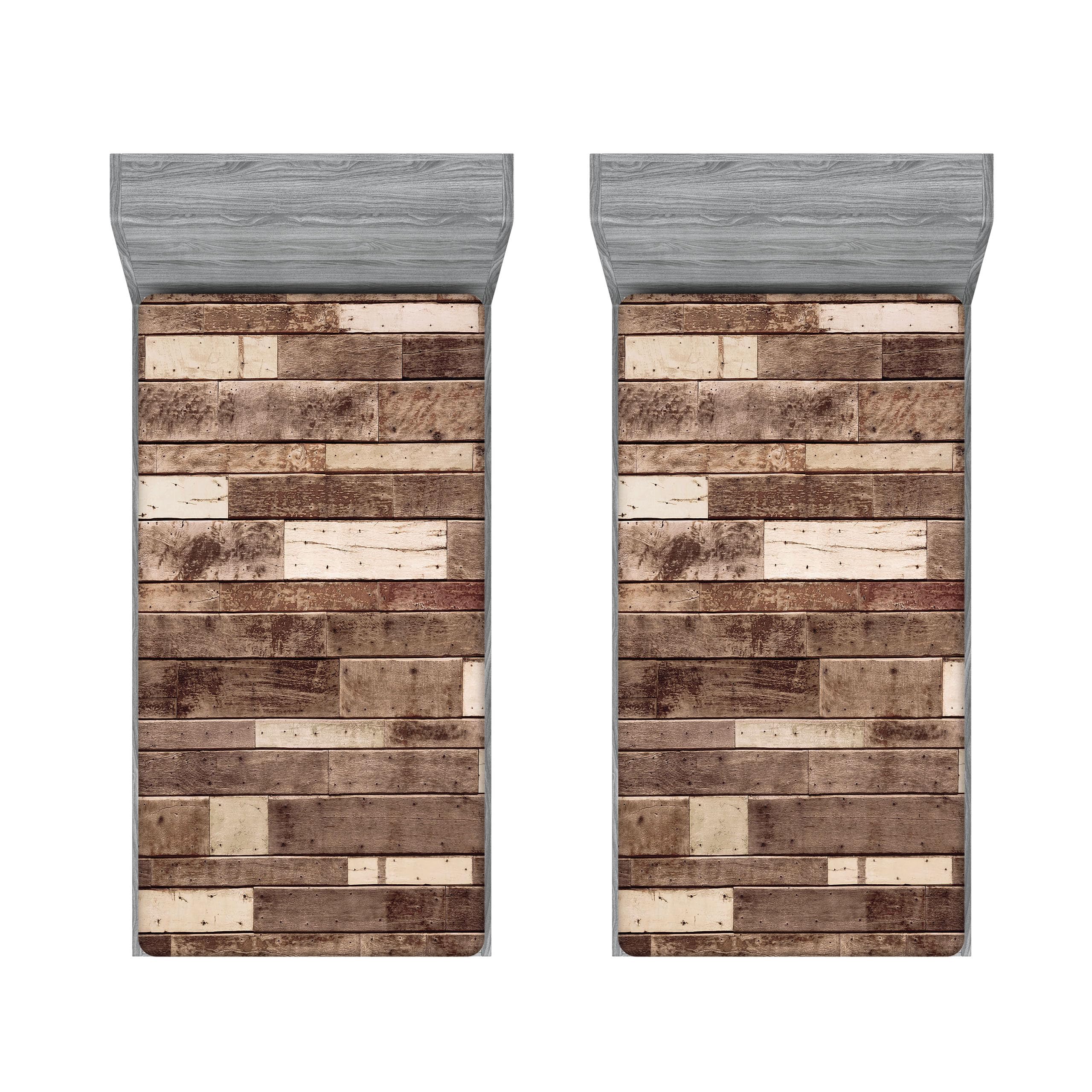 Ambesonne Wooden Print 2 Pack Fitted Sheet, Wodden Planks Print, Bed Cover All-Round Elastic Deep Pockets 2 Pieces, Package Contains 2 Twin Size Fitted Sheets, Brown