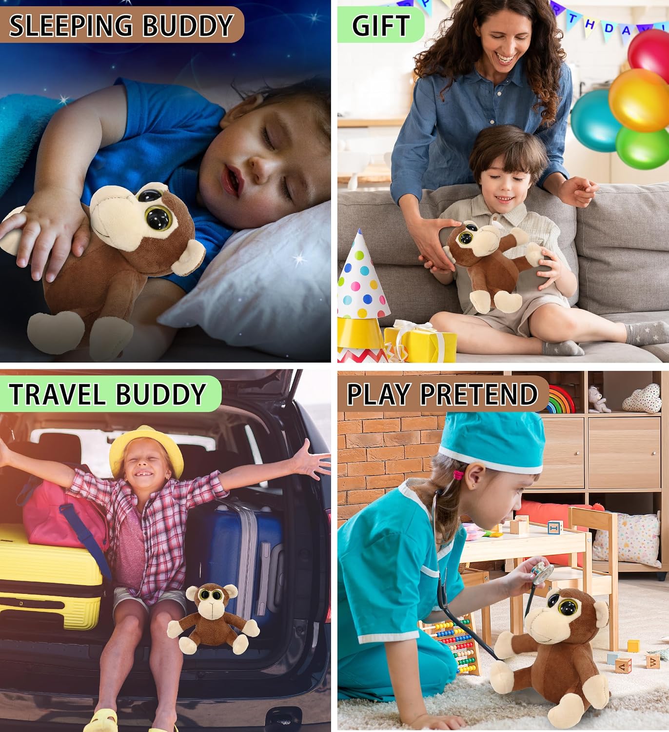 DolliBu Plush Monkey Stuffed Animal - Soft Plush Huggable Big Eyes Brown Monkey, Adorable Playtime Zoo Plush Toy, for Kids & Adults - 6 Inch