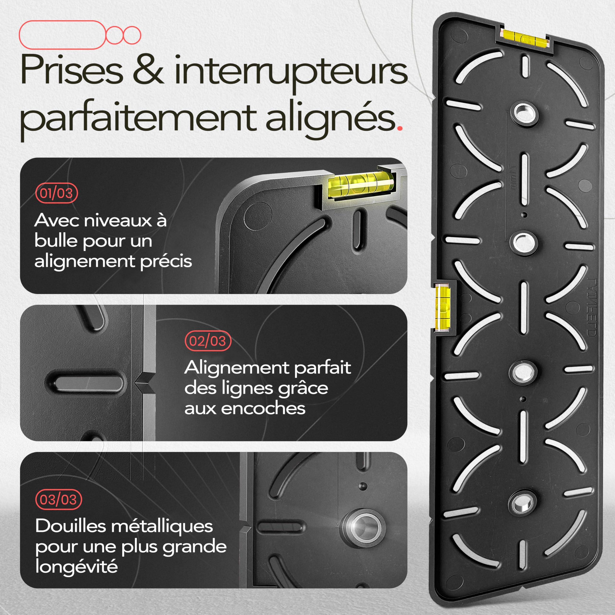 LAINFELD Gabarit de perçage pour prises | Incl. niveau à bulle | Niveau à bulle pour électriciens pour prise encastrée, boîtier encastré, boîtier à encastrer, boîtier à châssis de base