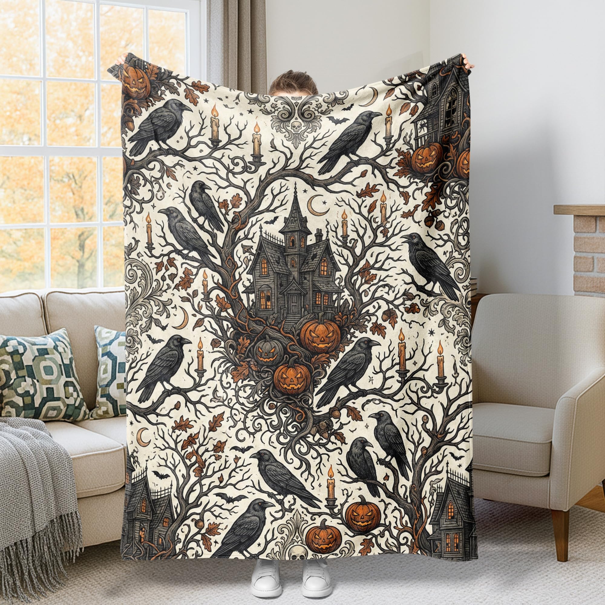 Manta de Halloween para sofá y cama con diseño de casa encantada gótica y tacto acogedor