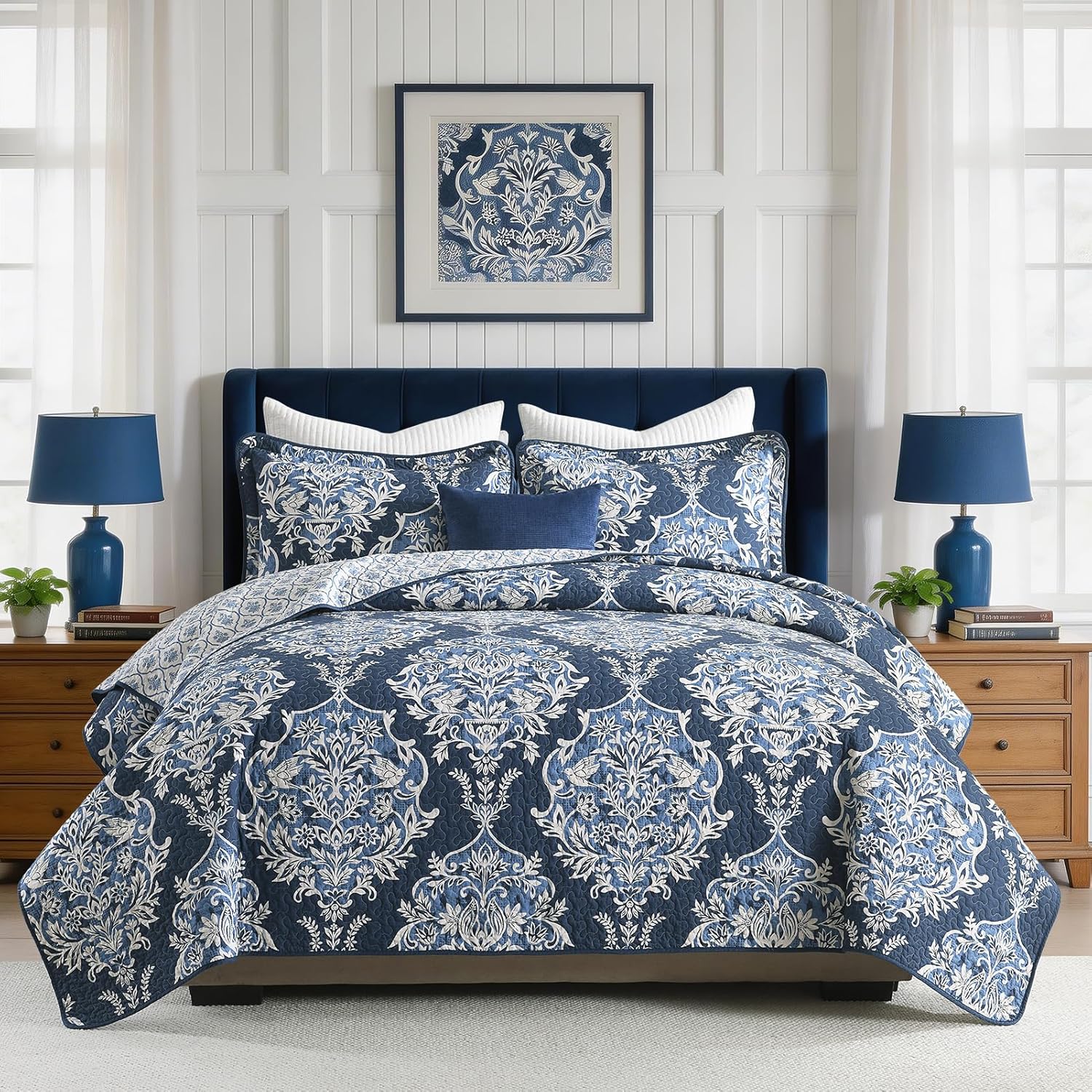 100% Cotton Quilt Set King Size - Damask Prints Quilted Comforter, Reversible Floral Farmhouse King Quilt Bedspread, Vintage Chic Lightweight Bedding for King Bed, 3pcs, Blue