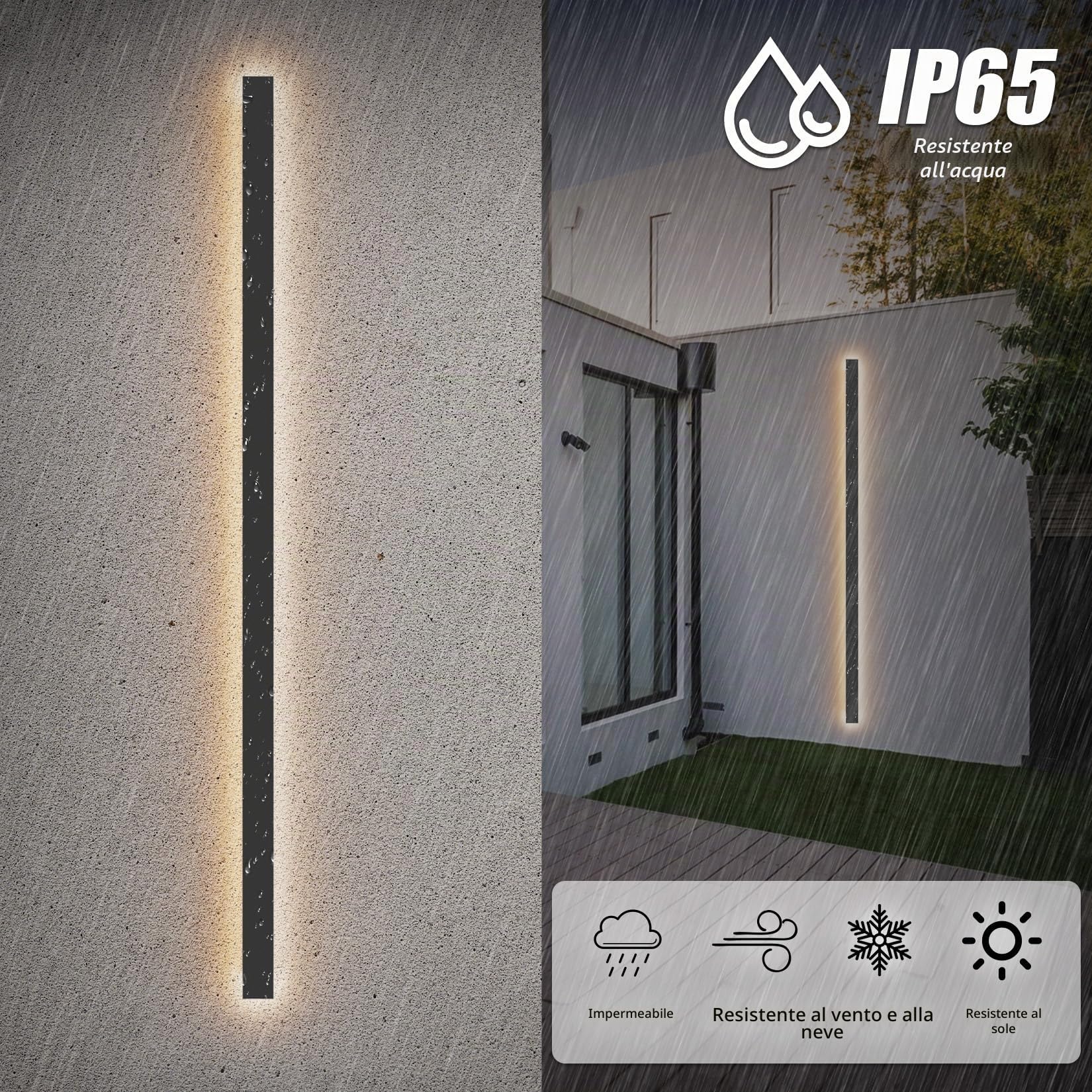Klighten LED Lunga Applique da Esterno, Nero Lampada da Parete Interno, 150CM/45W Applique da Parete, IP65 Ferro Moderno Luci da Parete, per Ingresso Giardino Terrazza, Bianco Cald 3000K