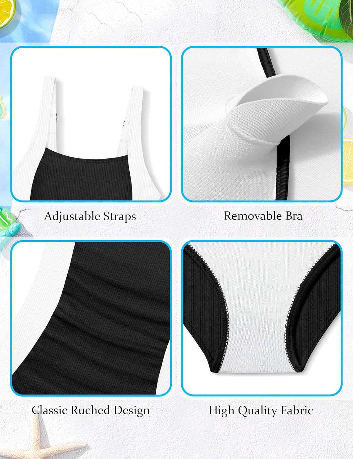 Girls Swimsuit One Piece Swimsuits Ribbed Bathing Suit for Girls Color Block Ruched Adjustable Strap Pad Swimwear
