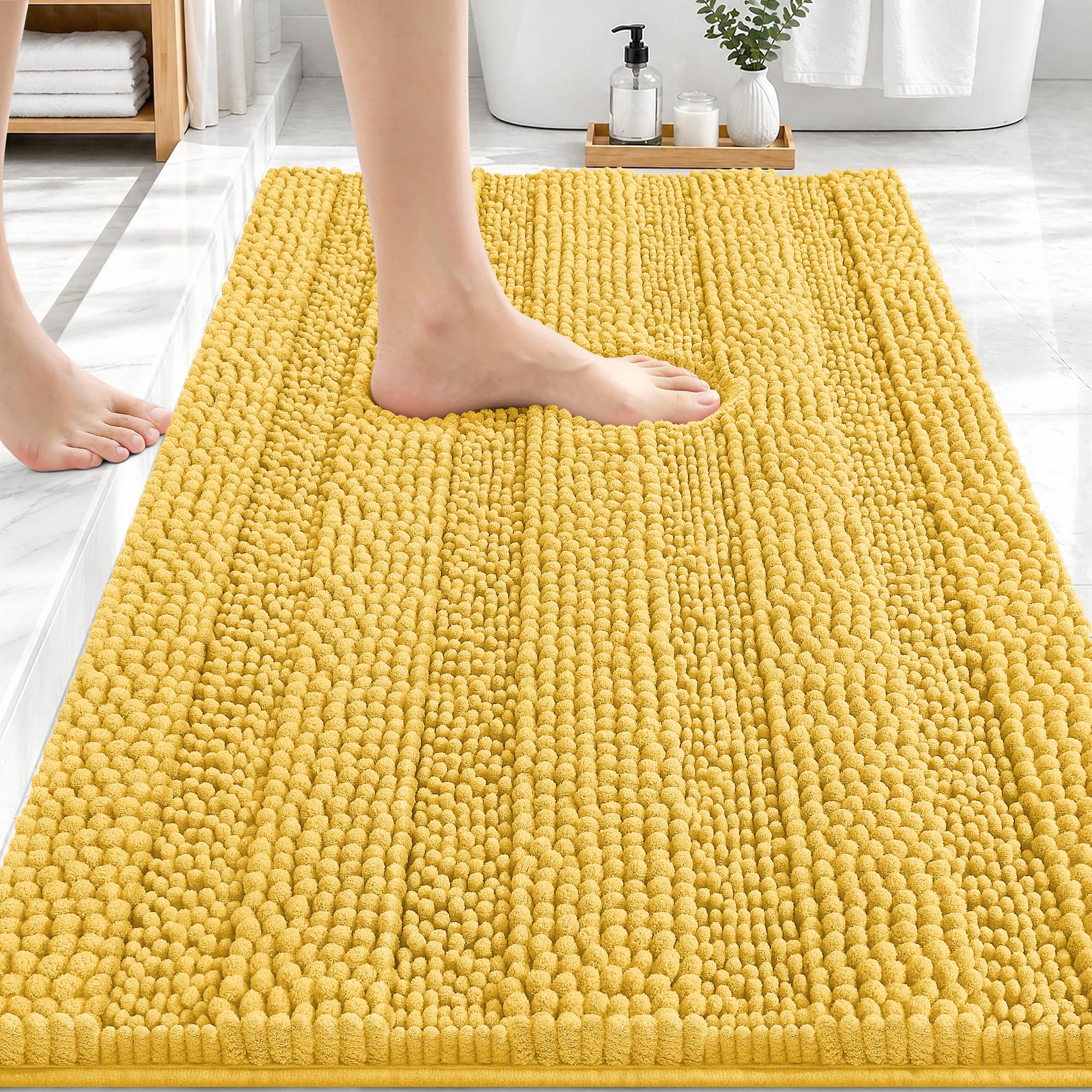OLANLY Thick Bathroom Rugs 30x20, Soft Chenille Striped Bath Rugs, Yellow