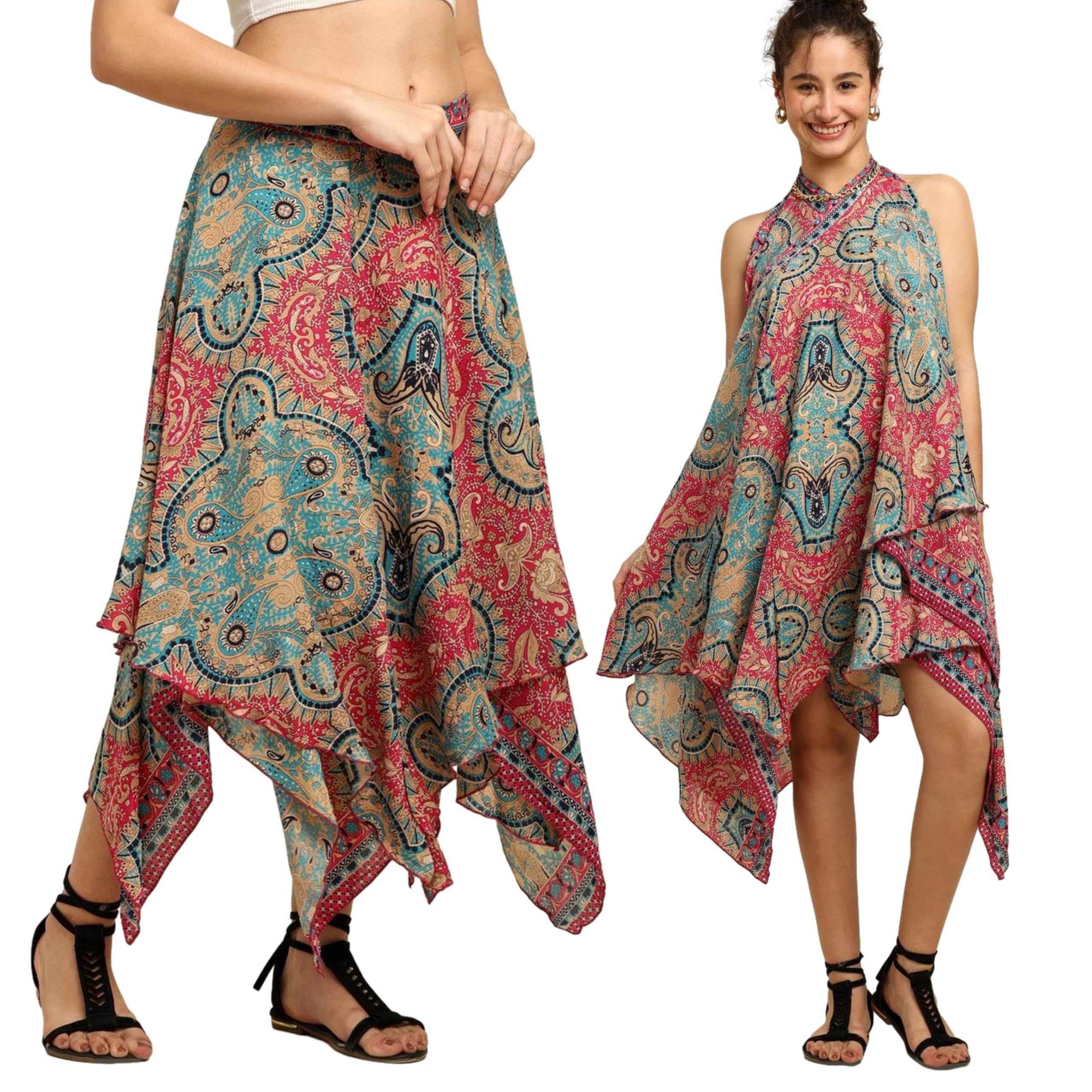 ke kanhaexports KE Kanha Exports Boho Wrap Skirt Dress for Women Multi-Way Convertible Hem Maxi Skirt & Dress, Adjustable Tie Waist Lightweight Floral Paisley Print Beachwear & Festival Outfit(Parrot Green-11259)-picture-48