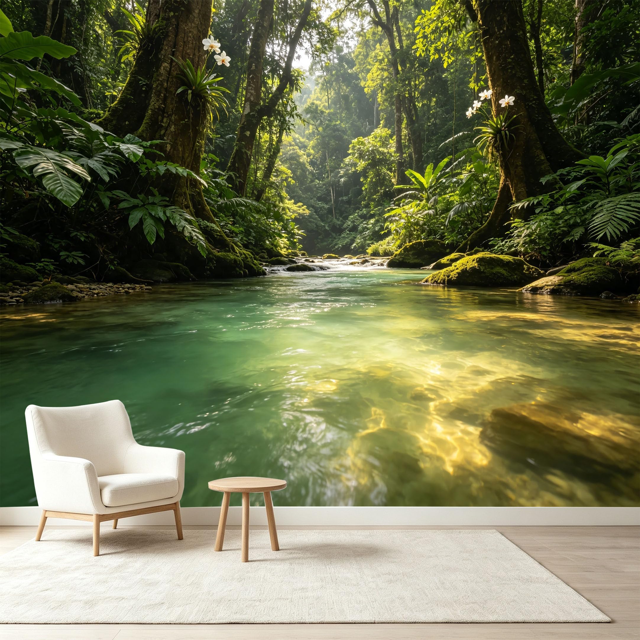 Custom Size Wall Murals Tropical Rainforest Landscape Sunlit River Exotic Flora Self-Adhesive Wall Fabric Removable Wallpaper Wall Decor for Living Room Bedroom Bathroom
