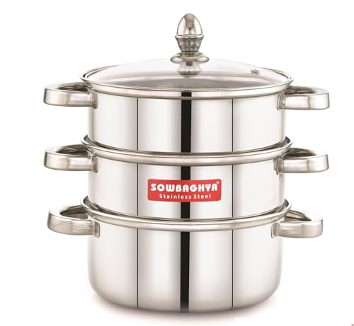Image of Sowbaghya 3-Tier Stainless Steel Steamer | Idli Maker, Momo & Modak Pot | Induction & Gas Compatible | Heavy Gauge | Glass Lid | Double-Riveted Handles | Multi-Purpose Cookpot
