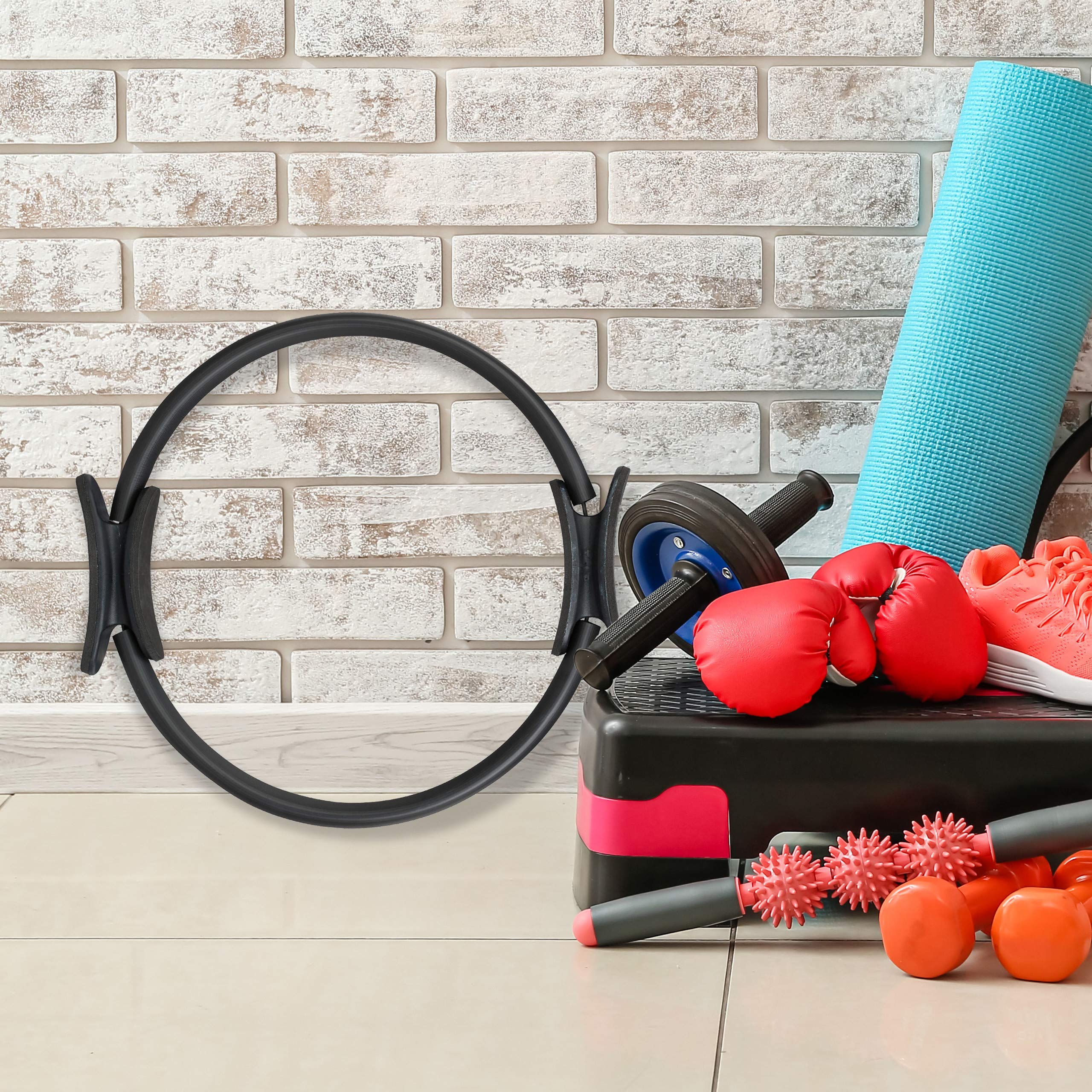 2X Anello da Pilates con Esercizi, Doppia Impugnatura, Imbottito, Ø 37cm, Fitness Ring, Allenamenti Yoga, Nero