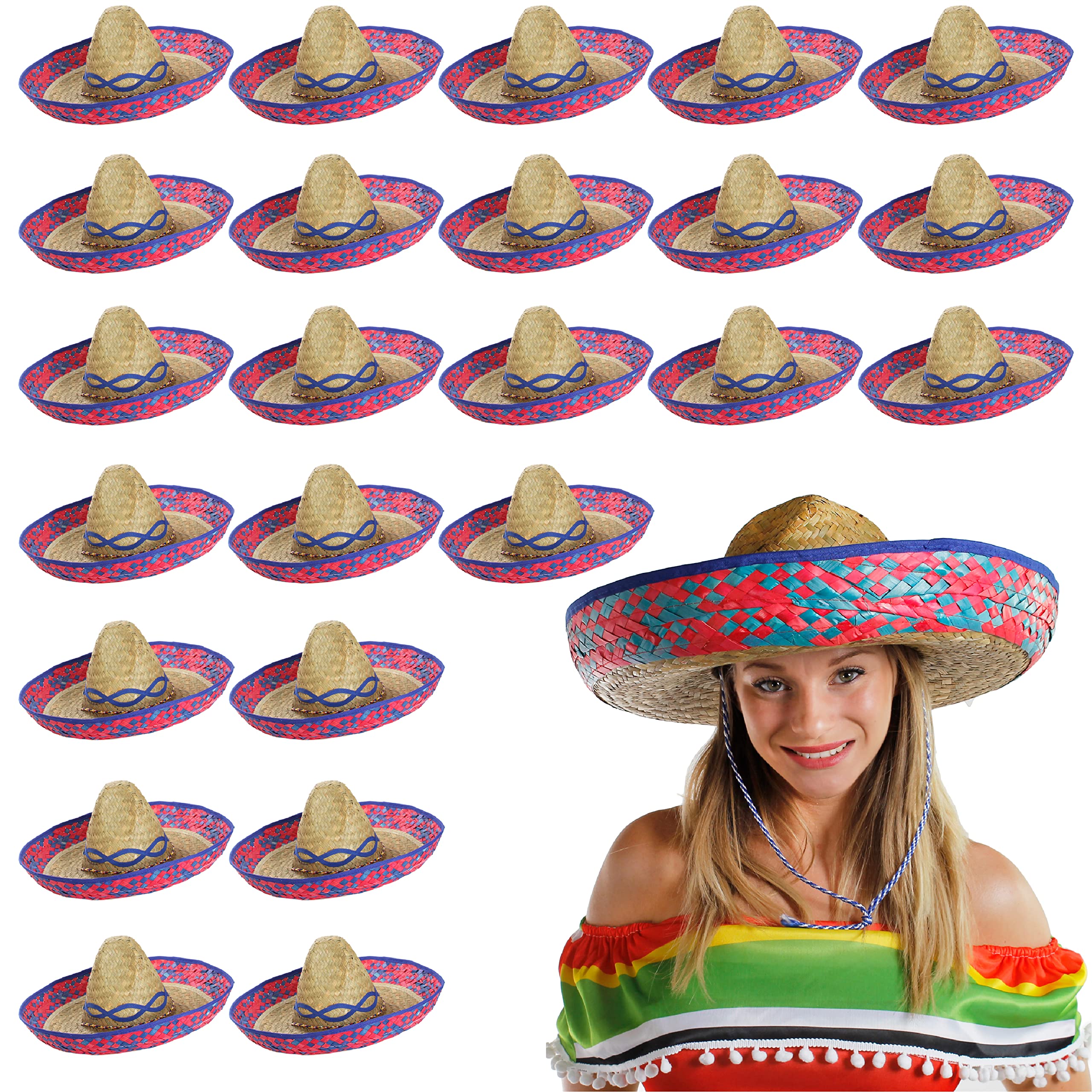 Adults Mexican Sombrero - Pack of 6 - Blue Straw Embroidered Sombrero - Mexico Cinco de Mayo Fiesta Fancy Dress Costume Accessory โ image 1