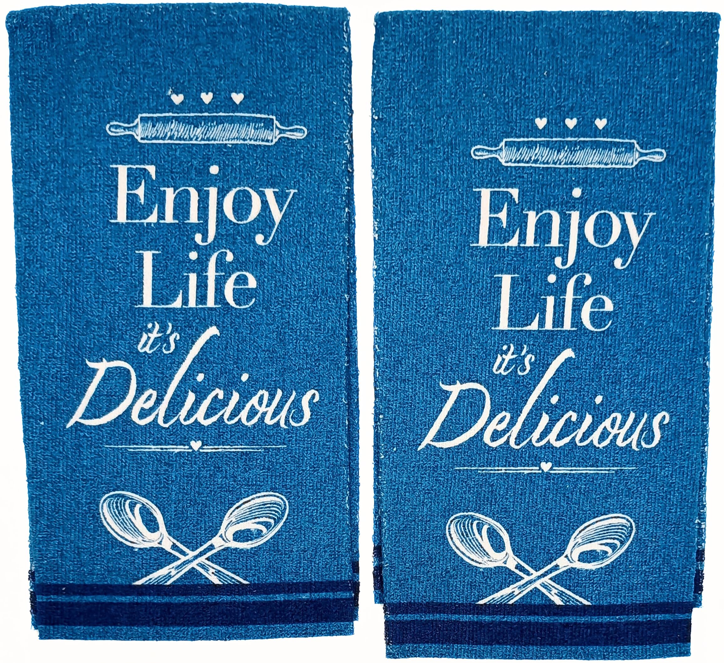 Sg6 Light Weight Kitchen Linen Set 5-Piece, Cotton Decorative Towels with Oven Mitt and Pot Holders, Enjoy Life It's Delicious Design, Blue and White