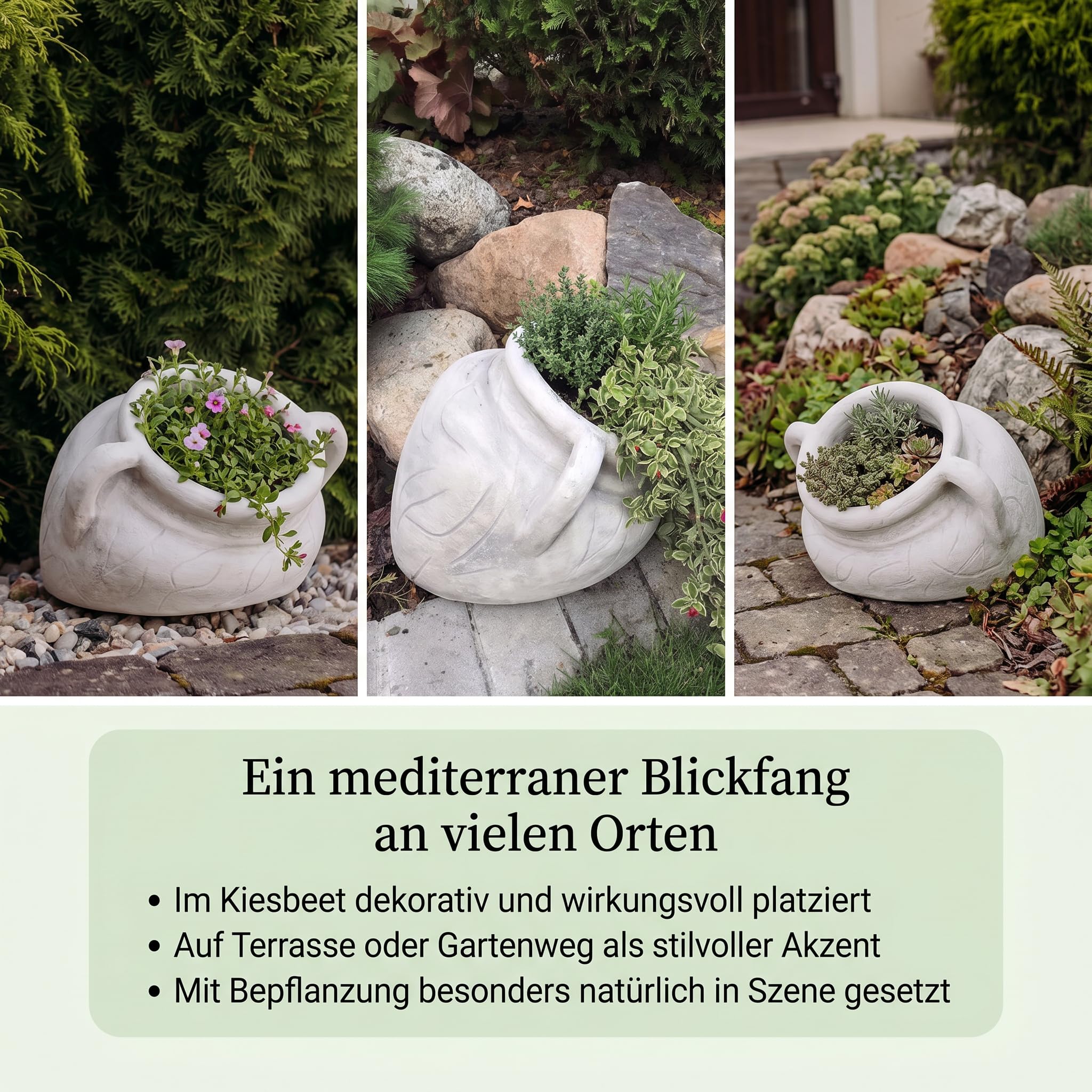 gartendekoparadies.de liegende Amphore, Blumentopf aus Steinguss, H 28 cm, Öffnung Ø 20 cm, Volumen ca. 6,5 l, 17 kg, frostbeständig bis -30 °C, Grau, Pflanzgefäß als Gartendeko