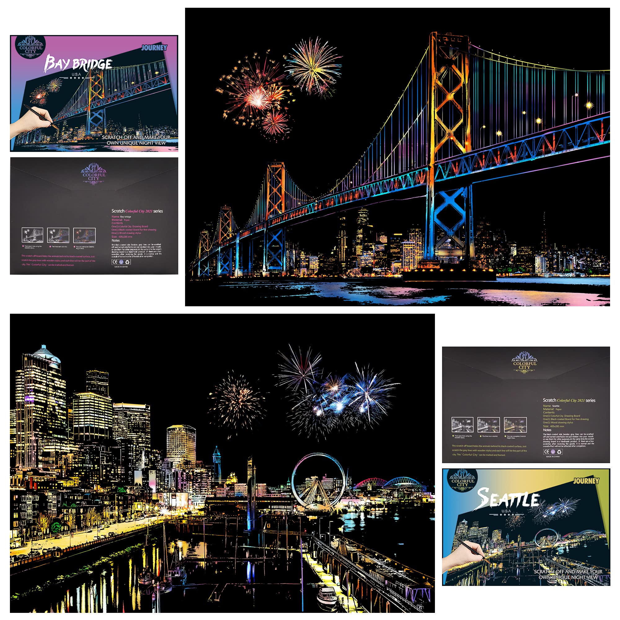 DESINIK Scratch Painting Kits for Adults Rainbow Painting Art Paper World Famous City DIY Night View Scratchboard for Adults with 4 Tools,Size 11.2''x16'' (Seattle)