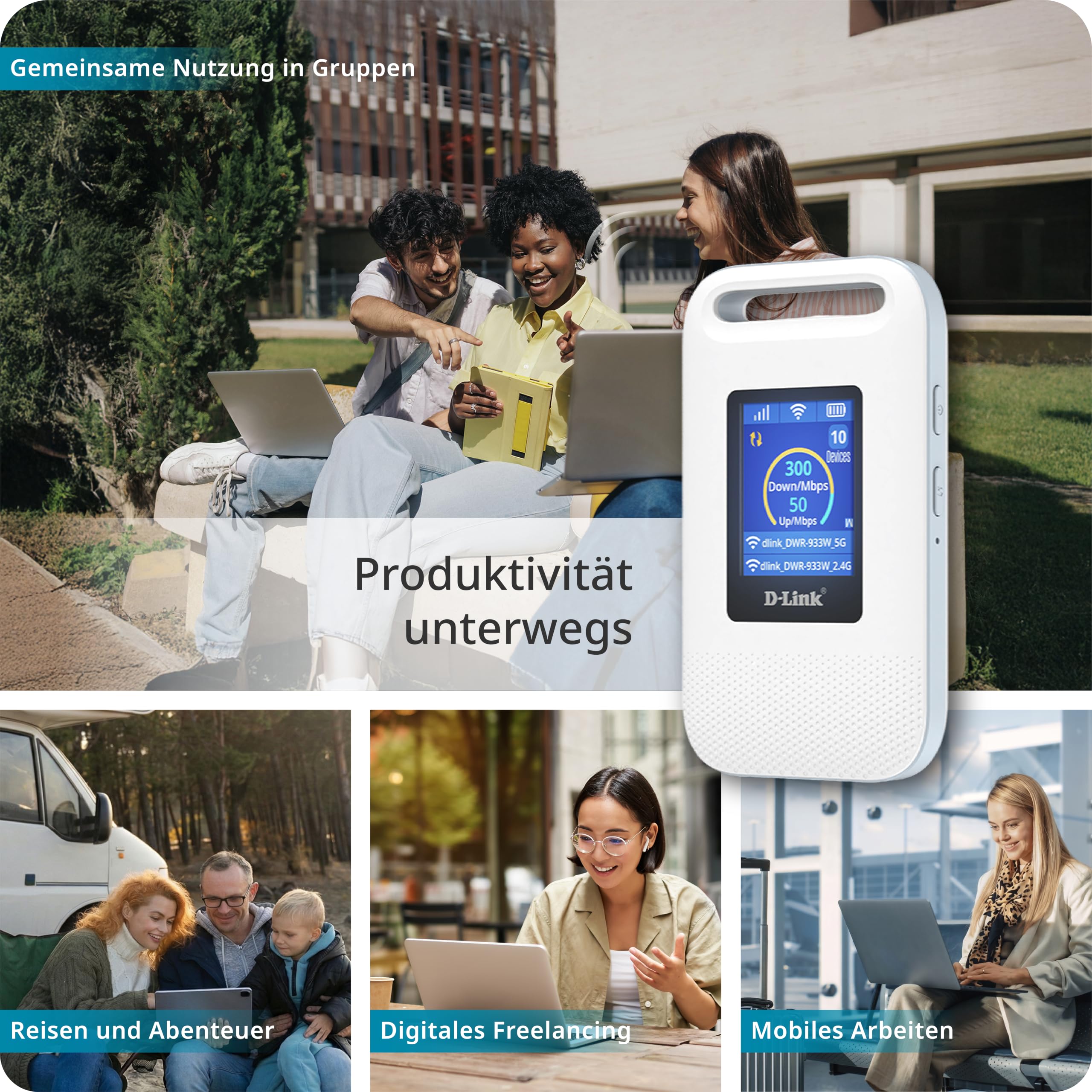 D-Link DWR-933W 4G LTE+ AX600 Wi-Fi 6 Mobiler Hotspot, Tragbarer SIM-Router mit LCD-Display, Dualband WLAN, Verbindung für bis zu 64 Geräte, 3000-mAh-Akku, USB-C