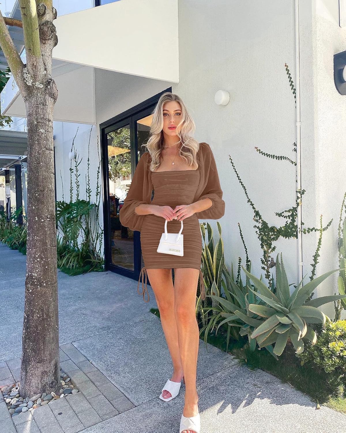 Imysty Womens Mesh Long Sleeve Square Neck Bodycon Ruched Party Cocktail Drawstring Mini Dress - Image 4