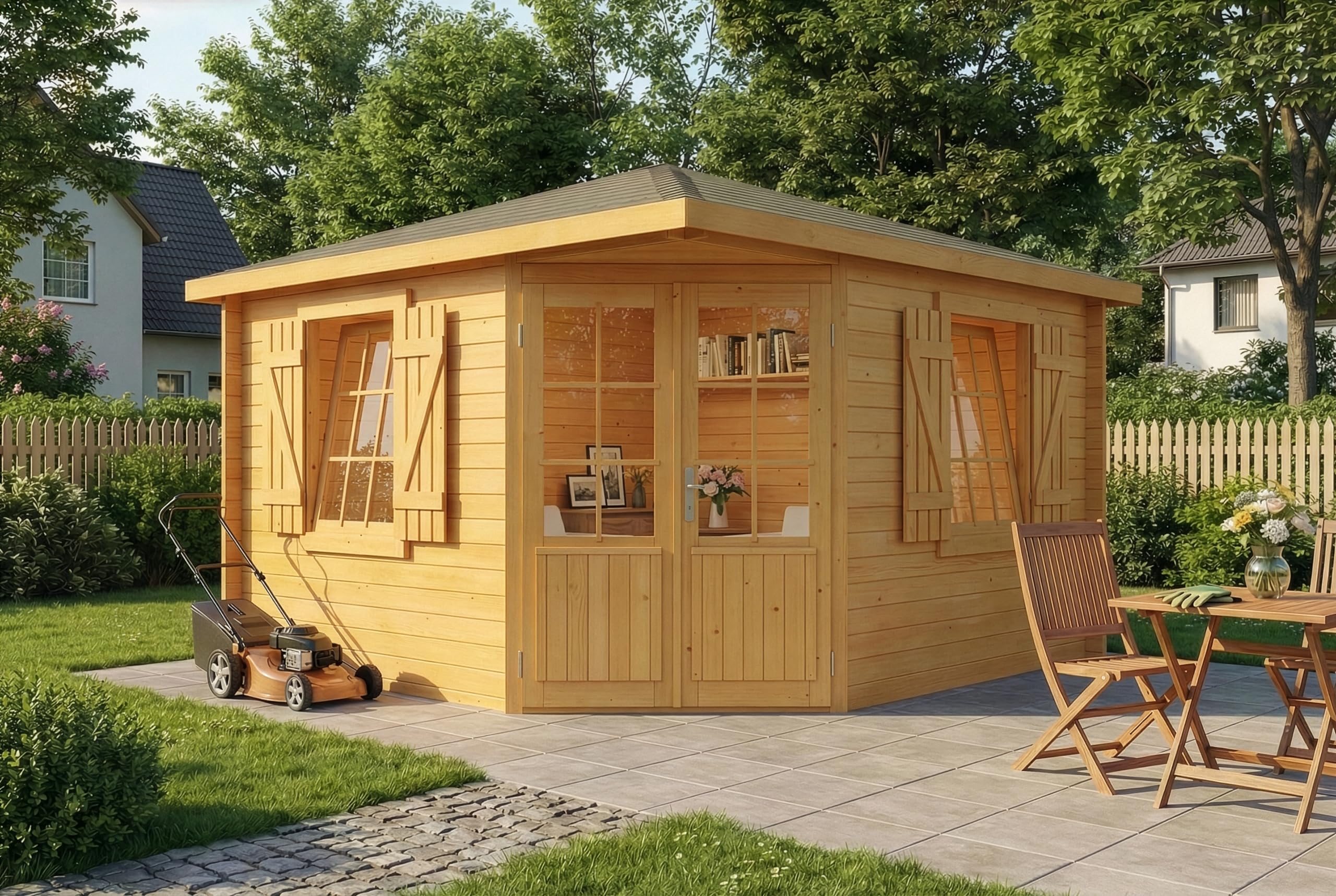 Alpholz 5-Eck Gartenhaus Monica Royal Gartenhaus aus Holz in Pinie, Holzhaus mit 28 mm Wandstärke, Blockbohlenhaus mit Montagematerial