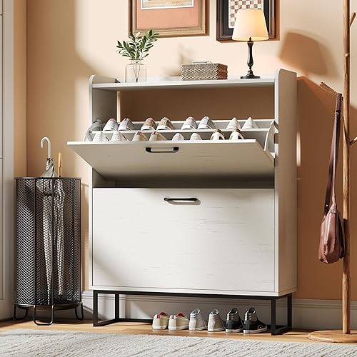 Miniatura 9 de Zapatero con 4 cajones abatibles, armario oculto de almacenamiento de zapatos para entrada, organizador de zapatos delgado independiente con Grano