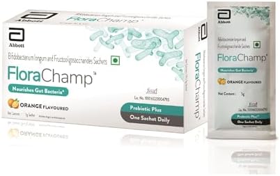 Florachamp Pre + Probiotic Supplement | Relieves IBS, Gas, Diarrhea & Constipation | Reduces Bloating & Stomach Discomfort | 5 Billion Good Gut Bacteria + Prebiotic Fiber | Clinically Proven | Italian Origin | Orange Flavor | No Refrigeration | Vegetarian | Weekly Pack – 5g