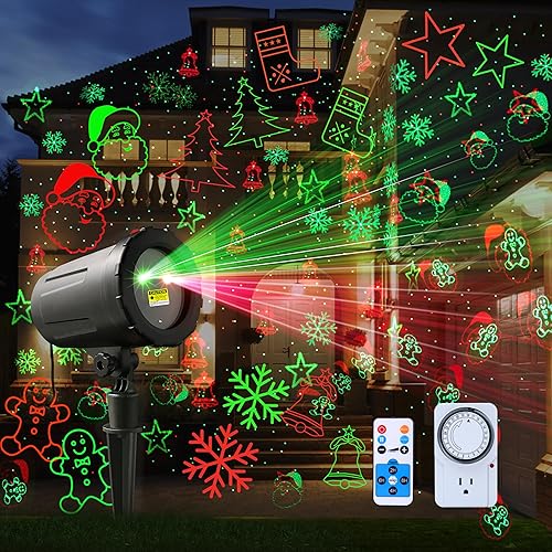 Proyector de luces de Navidad para exteriores con control remoto y temporizador adicional, 8 patrones festivos rojos y verdes, luz láser de Navidad