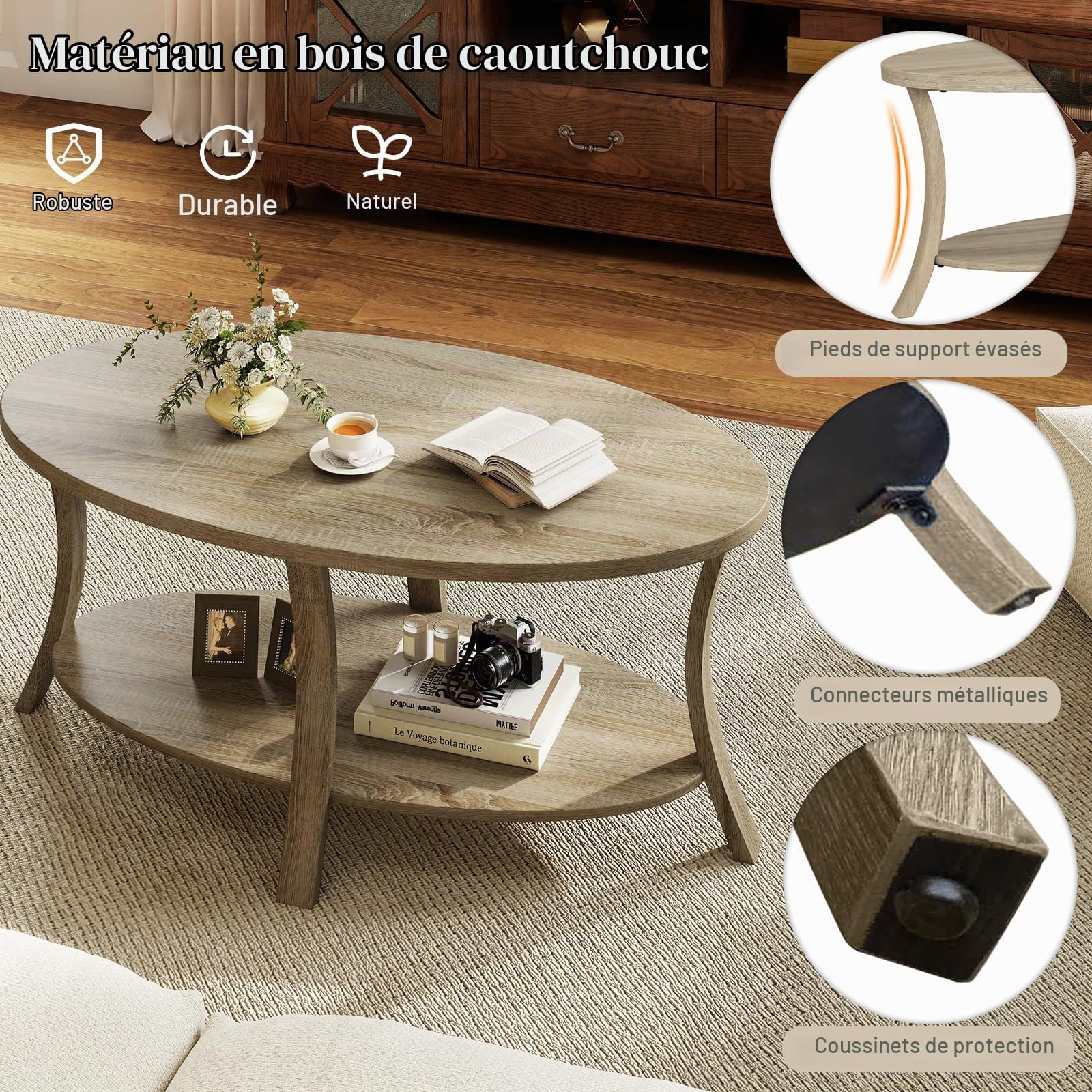 LIFEZEAL Table Basse Ovale en Bois d'Hévéa,Table Basse à 2 Niveaux avec Étagère de Rangement, Table de Salon Rustique pour Salon, Maison, Bureau, 111 x 60,5 x 47 cm (Naturel)