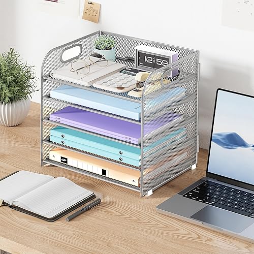 Miniatura 7 de Organizador de papel de 5 niveles con asa, organizador de escritorio de malla metálica, carpeta de archivos, bandeja de papel para cartas,
