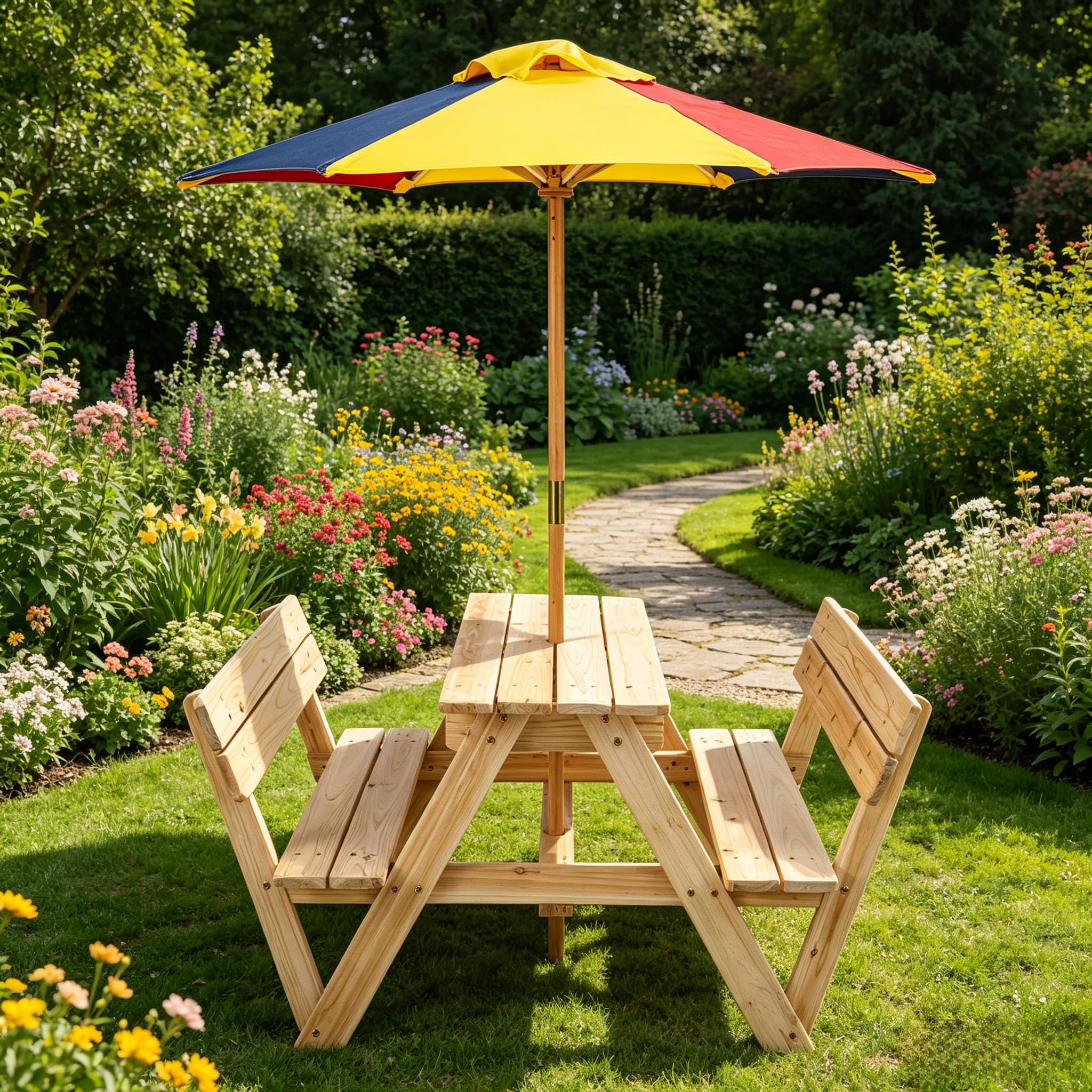 LIFEZEAL Set da Giardino per Bambini in Legno di Abete | Tavolo e Panche da Giardino con Ombrellone Rimovibile e Regolabile, Panche con Schienale, per Cortile, Portico, Patio