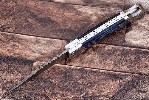 Miniatura 8 de Cuchillo plegable de 9 pulgadas de largo, escala de cuerno de toro con refuerzo de acero grabado, hecho a medida de 4 pulgadas, hoja de acero de