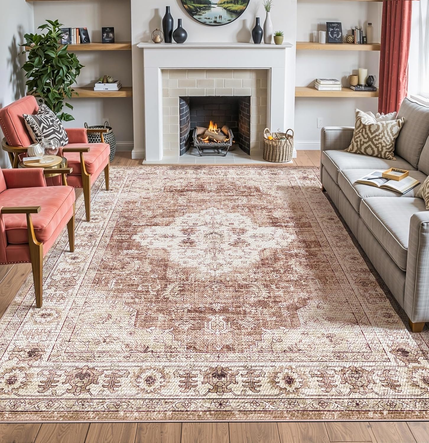 DEXI Area Rugs for Living Room, 4x6 Washable Low Pile Vintage Traditional Rug for Bedroom, Non Slip Indoor Carpet for Dining Office Nursery, Blush