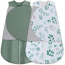 BSTOPPT Newborn Sleep Sack Baby Swaddle,100% Muslin Cotton,3-Way Adjustable Wearable Blanket,Swaddling Sleeping Bag 2, Green & Leafy Cherry, 0-3 Months
