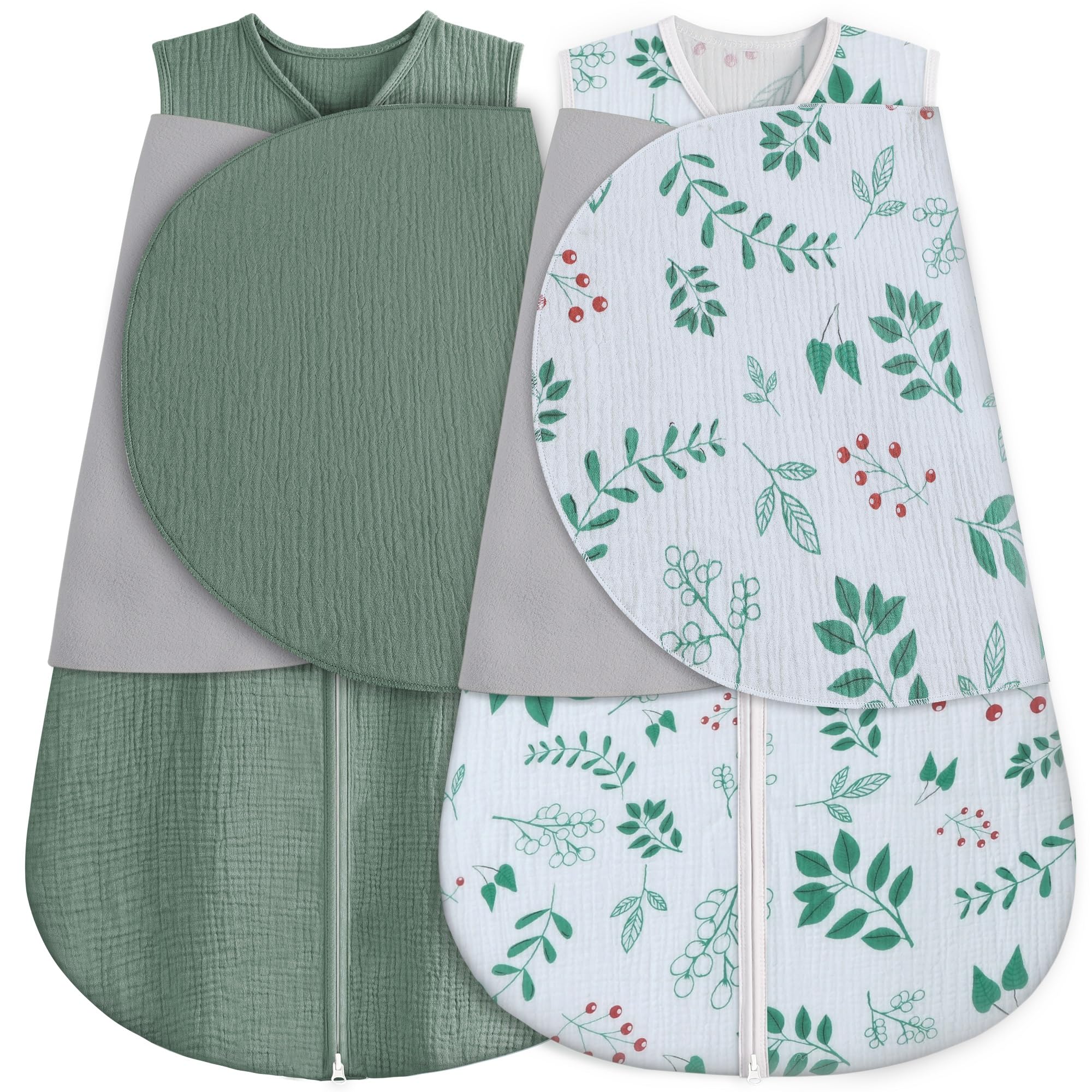 BSTOPPT Newborn Sleep Sack Baby Swaddle,100% Muslin Cotton,3-Way Adjustable Wearable Blanket,Swaddling Sleeping Bag (2, Green &amp; Leafy Cherry, 3-6 Months)