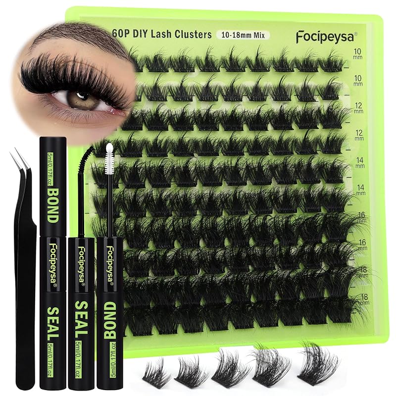 Kit de cílios em tufos Focipeysa com cola Bond e Seal, aplicador e 60 unidades, 10–18 mm