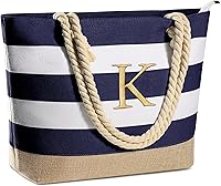 YOOLIFE Personalized Initial Canvas Waterproof Beach Tote Bag with Zipper - Spacious Travel Essential & Gift for Women