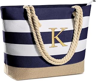 YOOLIFE Personalized Initial Canvas Waterproof Beach Tote Bag with Zipper - Spacious Travel Essential & Gift for Women