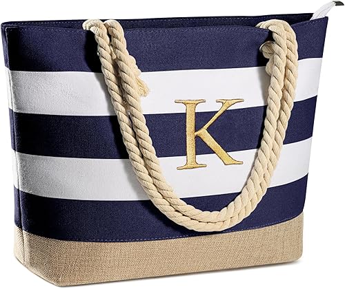 YOOLIFE Bolsa de lona impermeable con inicial, con cremallera, regalos personalizados para mujeres, cumpleaños, viajes, playa, esencial