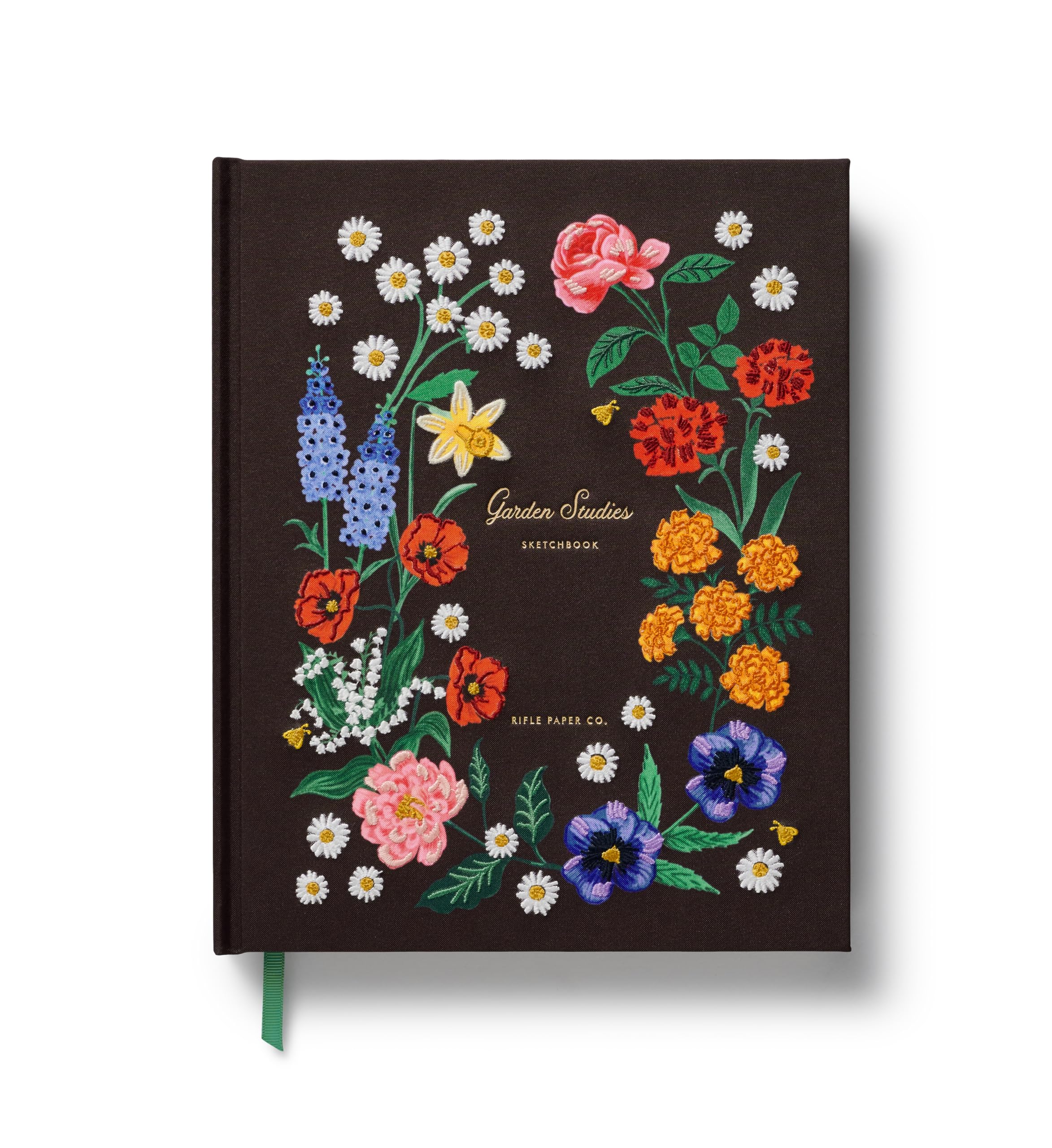 RIFLE PAPER CO. Garden Study Carnet de croquis brodé 108 pages vierges pour croquis, 26 cm de long x 21 cm de large, couverture en tissu avec broderie florale, avec ruban gros-grain marque-page