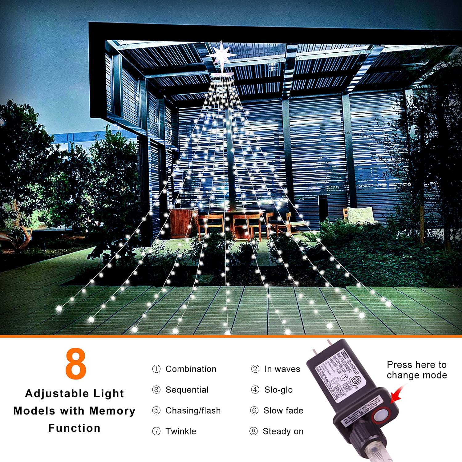 Christmas Star Decoration Lights, Outdoor String Lights, 320 LED 16.4Ft Christmas Tree Toppers String Lights [8 Modes& Waterproof] for New Year, Holiday. Birthday (White)