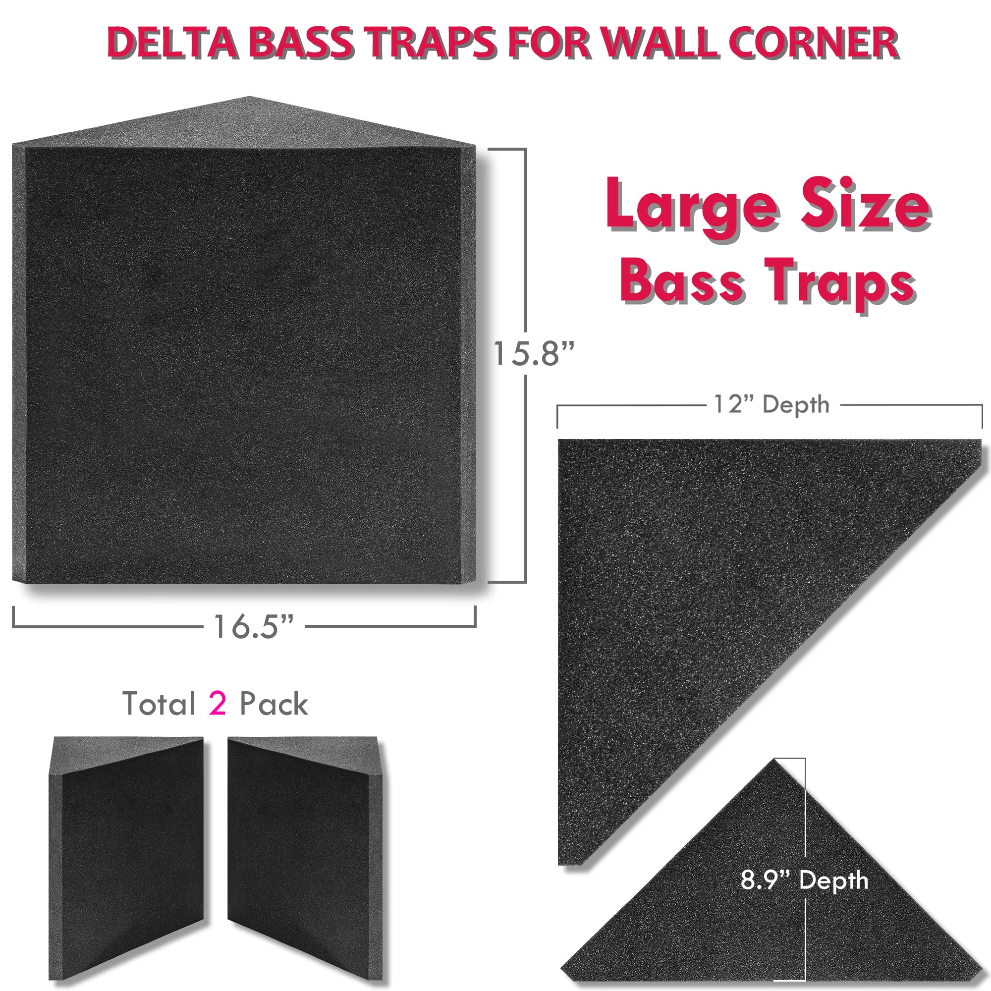 Foroomaco Paquete de 2 trampas de graves Delta para esquina de pared de 16.5 x 15.8 x 12 pulgadas, trampas de graves insonorizadas para estudio en casa y aislamiento de grabación, espuma a prueba de