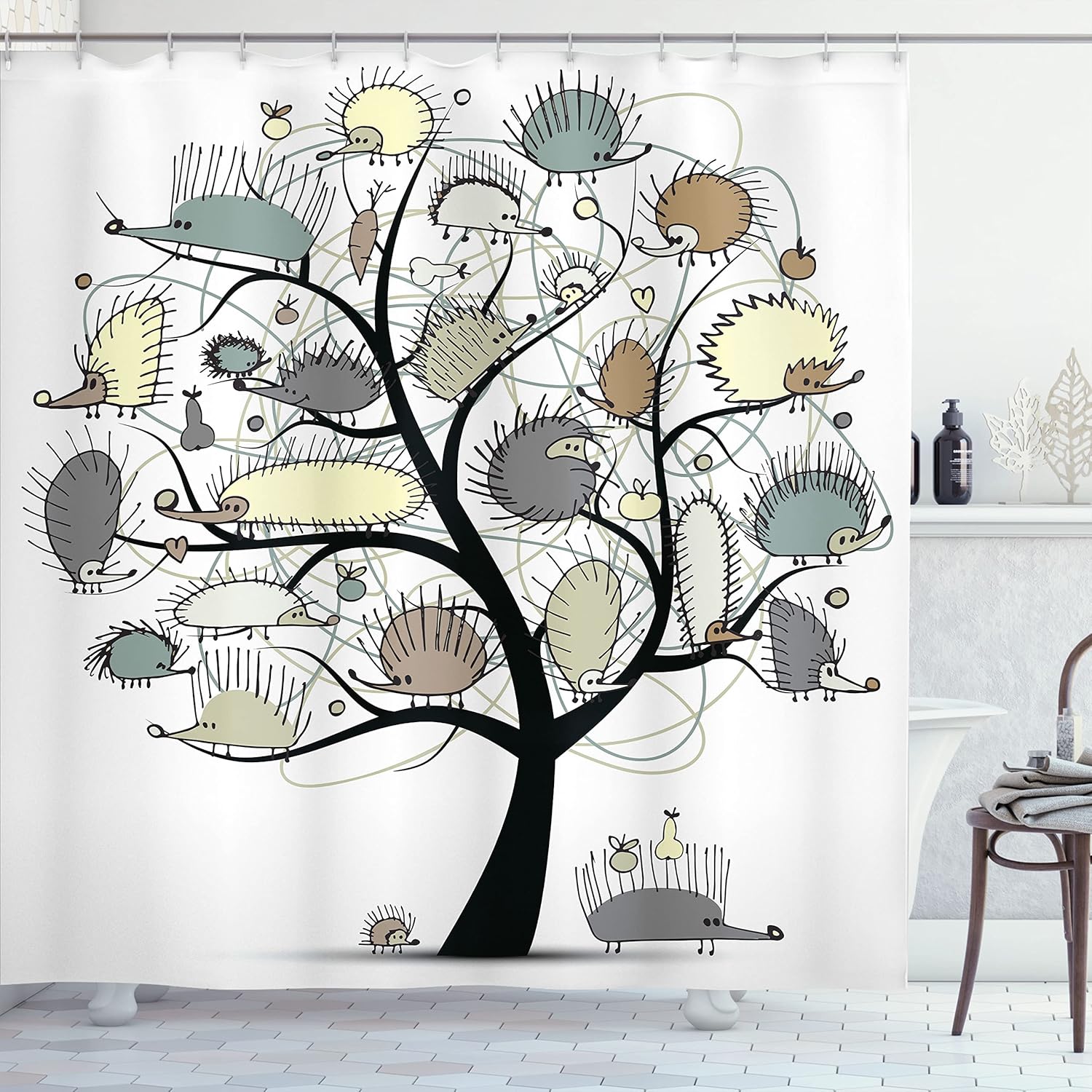 Ambesonne Animal Shower Curtain, Cartoon Drawn Little Hedgehogs on a Tree with Tiny Hearts and Fruits Artwork, Cloth Fabric Bathroom Decor Set with Hooks, 69" W x 70" L, Multicolor