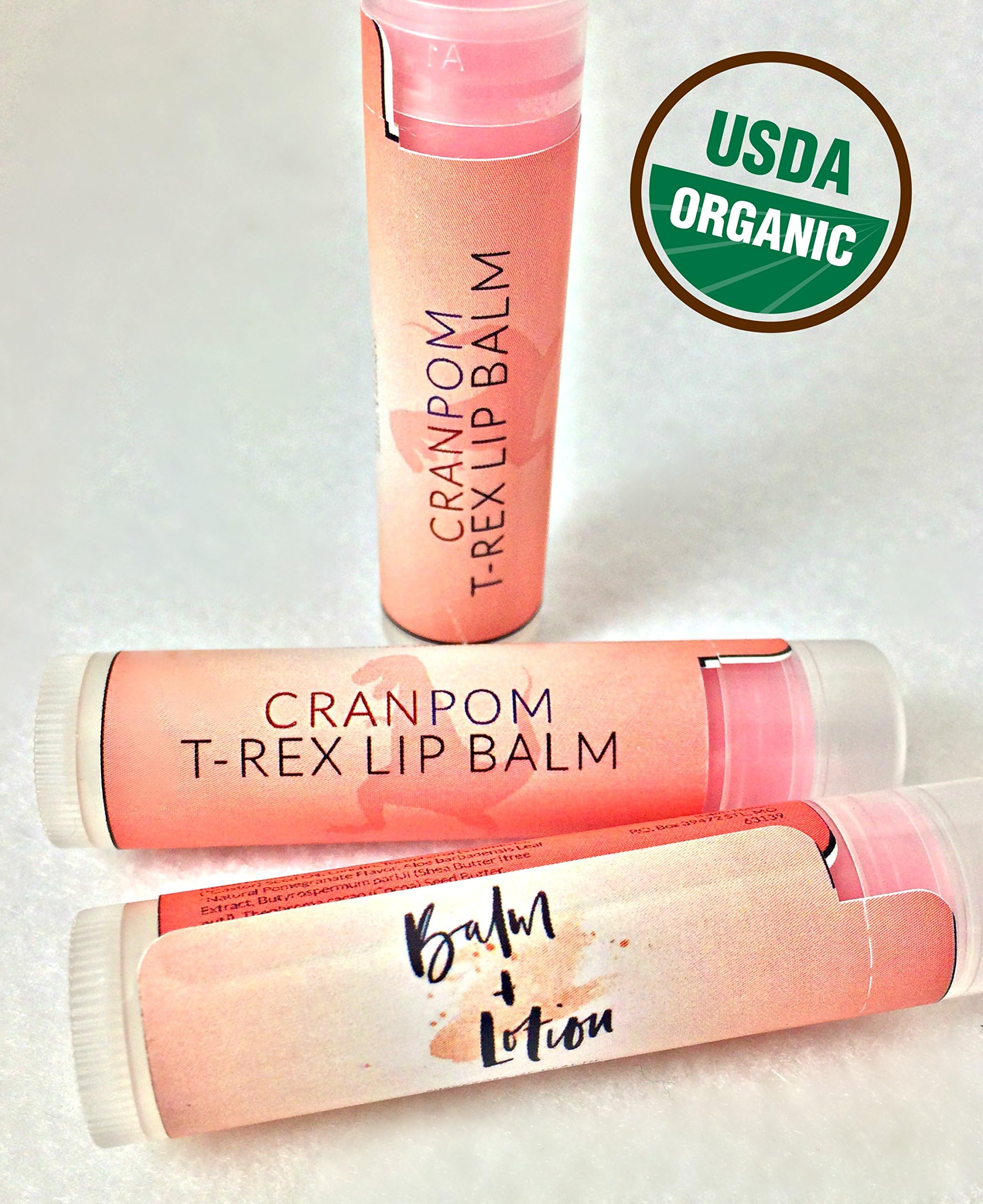 LIP BALM CranPom T-Rex Lip Balm (3 Handcrafted Tubes + 1 FREE) - 100% Natural USDA Certified Organic for Dry or Chapped Lips