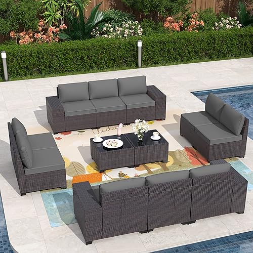 ALAULM 12 Pieces Outdoor Patio Furniture Set Sectional Sofa Sets Brown PE Rattan Patio Conversation Set w/10 Grey Seat Cushions and 2 Coffee Tables