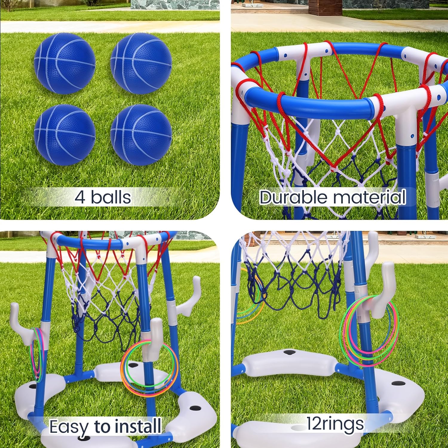 Pool Basketball Hoop, 2-in-1 Floating Pool Toys Ring Game with 4 Balls and Pump, Outdoor Swimming Pool Basketball Games Water Play Toy Family Party for Kids Adults Age 3-12 (Blue)