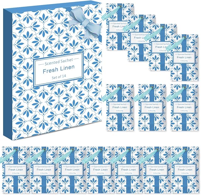 LASENTEUR Scented Sachets Fresh Linen Fragrance Sachets for Drawers Closets Wardrobe Office Bedroom Living Room Cars Sports Bag, 14 Packs