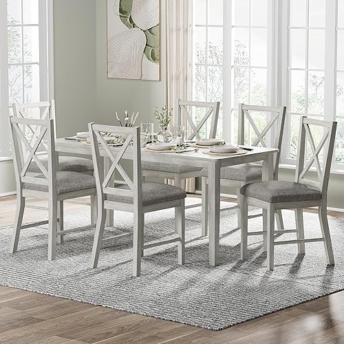 7-Piece Solid Wood Dining Table Set for 6, Modern Breakfast Dinette Kitchen Table with Chairs for Dining Room, Kitchen, Grey