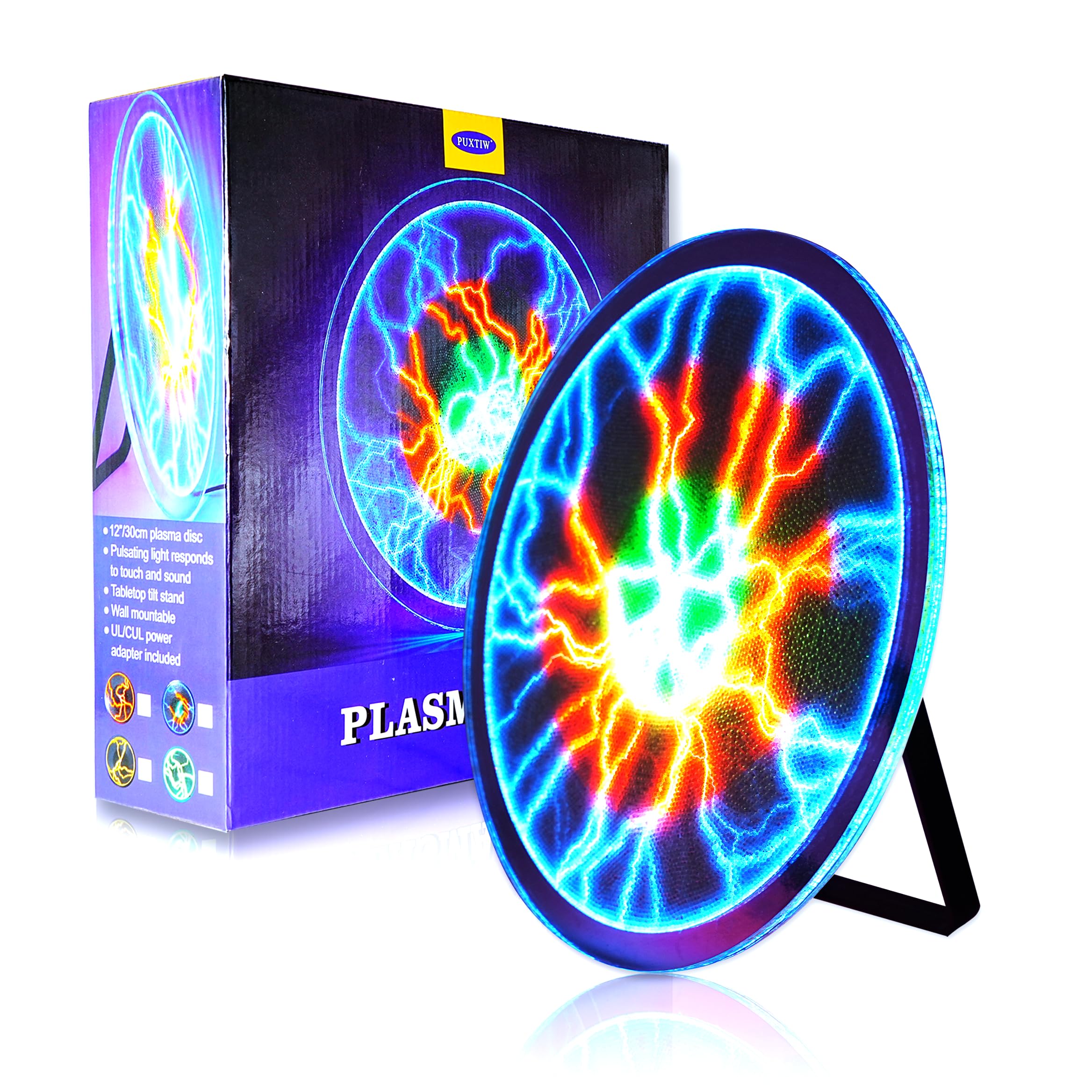 12 Inch Plasma Disc,Plasma Plate ，Flashmen Plasma Disc Science Toy，Fancy Club Decor and Science Education Gifts，Plasma Disk Sensor Lighting Plate with Music,Voice and Touch Response（Tricolor）
