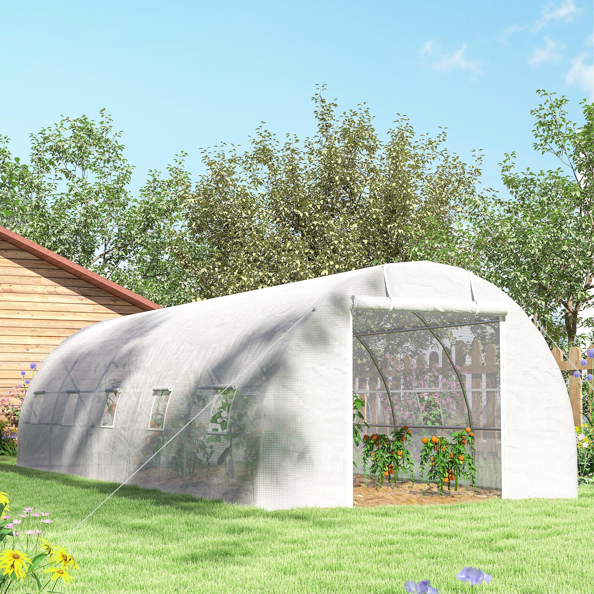 Outsunny Serra da Giardino a Tunnel 8x3x2 m con Porte Avvolgibili e 12 Finestre, Serra per Orto con 4 Rinforzi Diagonali, Struttura in Acciaio e Copertura PE, per Orto Verdure Fiori Frutta, Bianco