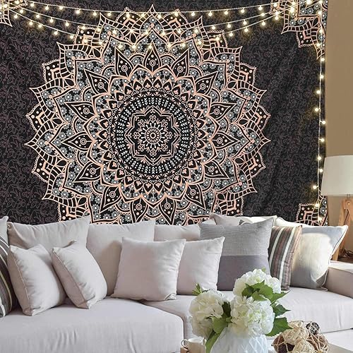 Miniatura 16 de Edeesky Tapiz de mandala blanco dorado para colgar en la pared, medallón psicodélico, tapiz estético indio hippie, arte bohemio, decoración