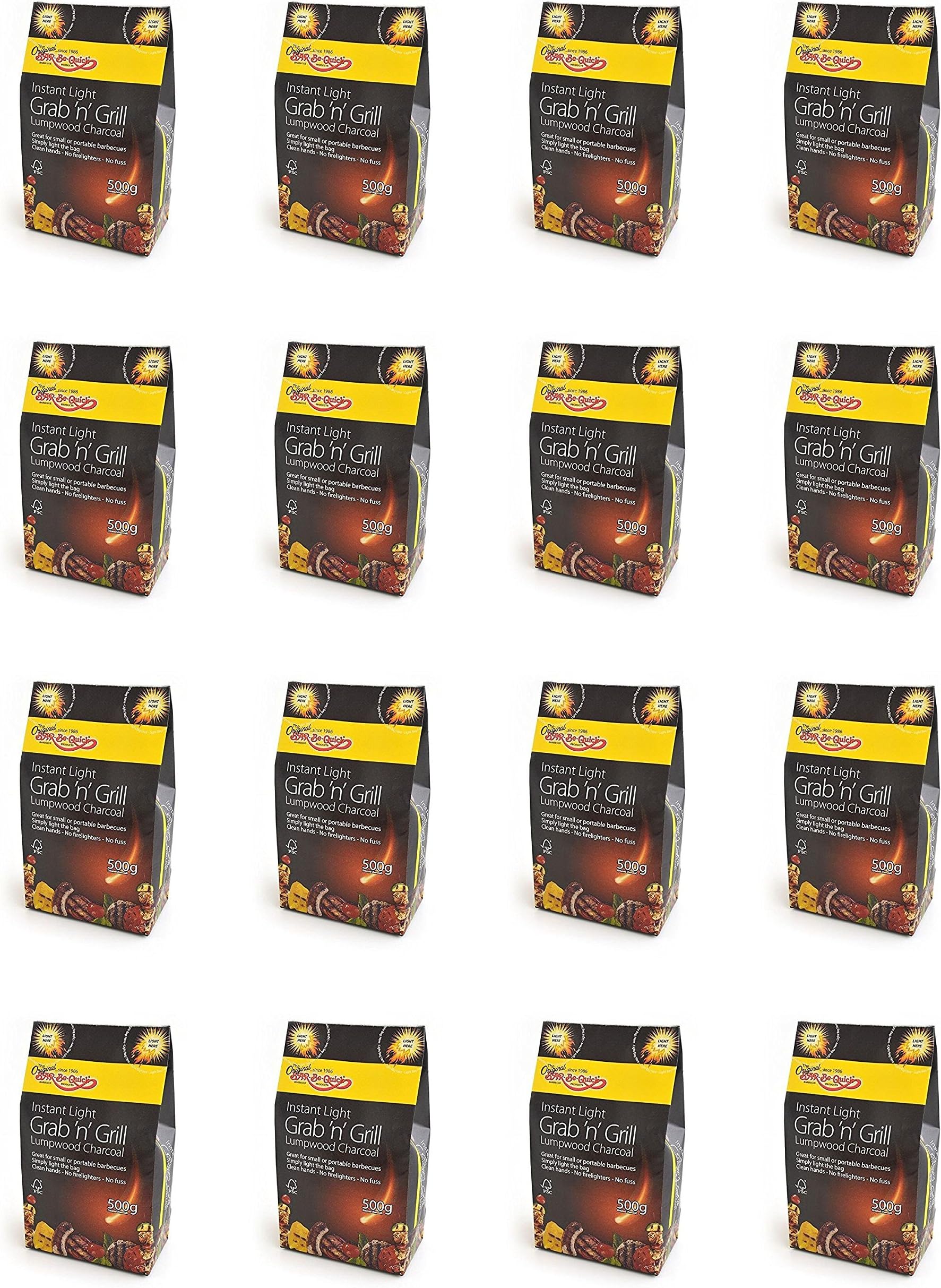 16 x Bar-Be-Quick Instant Light Grab & Grill Bag. Lumpwood Charcoal 500g Ideal for Picnic Barbecues, Kettle Grills, Fire Pits and Much More! Simply Light and Cook!