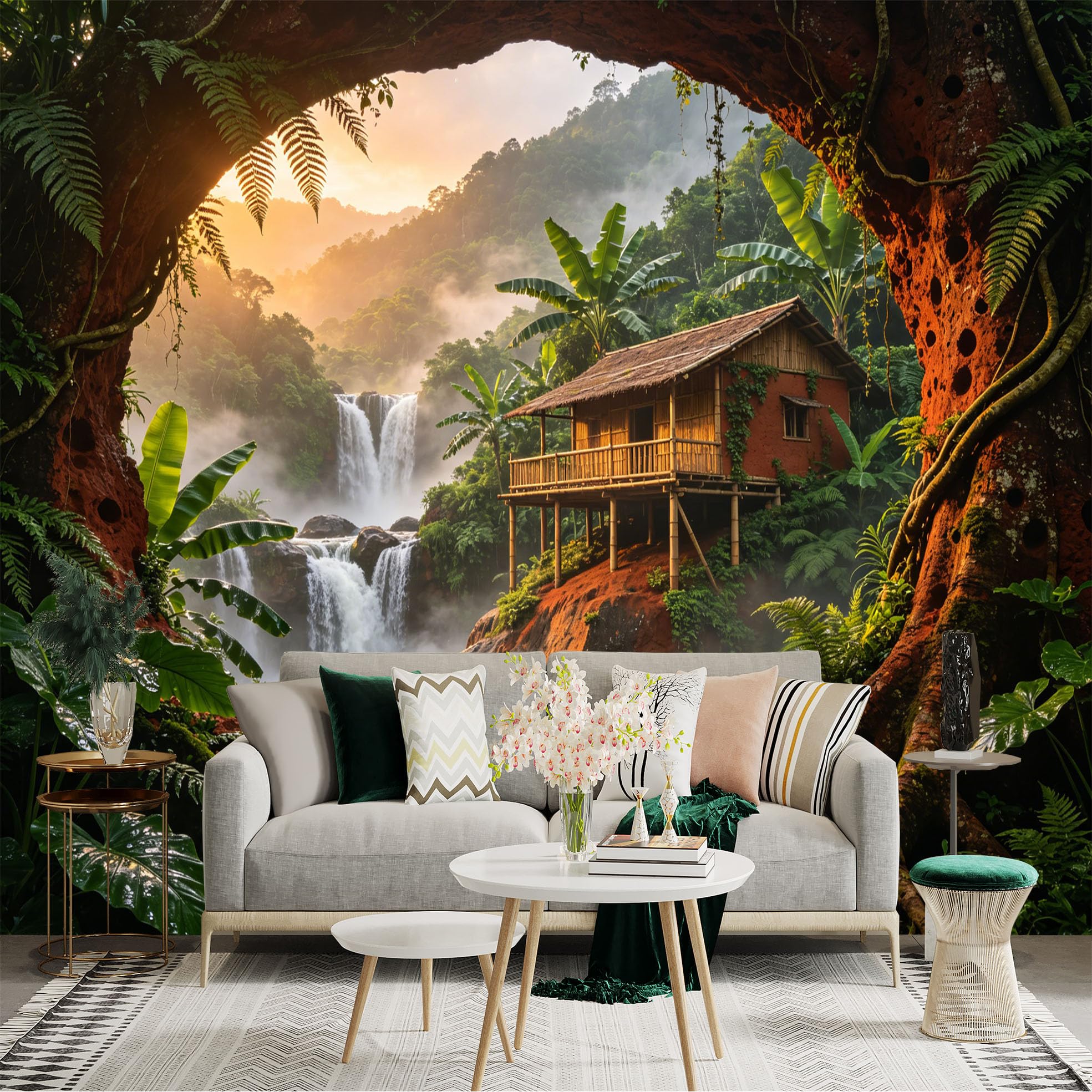 Custom Size Wall Sticker Mural， Tropical Waterfall with Jungle Cabin and Sunset View， for wall Decoration， peelandstick wall Decals.