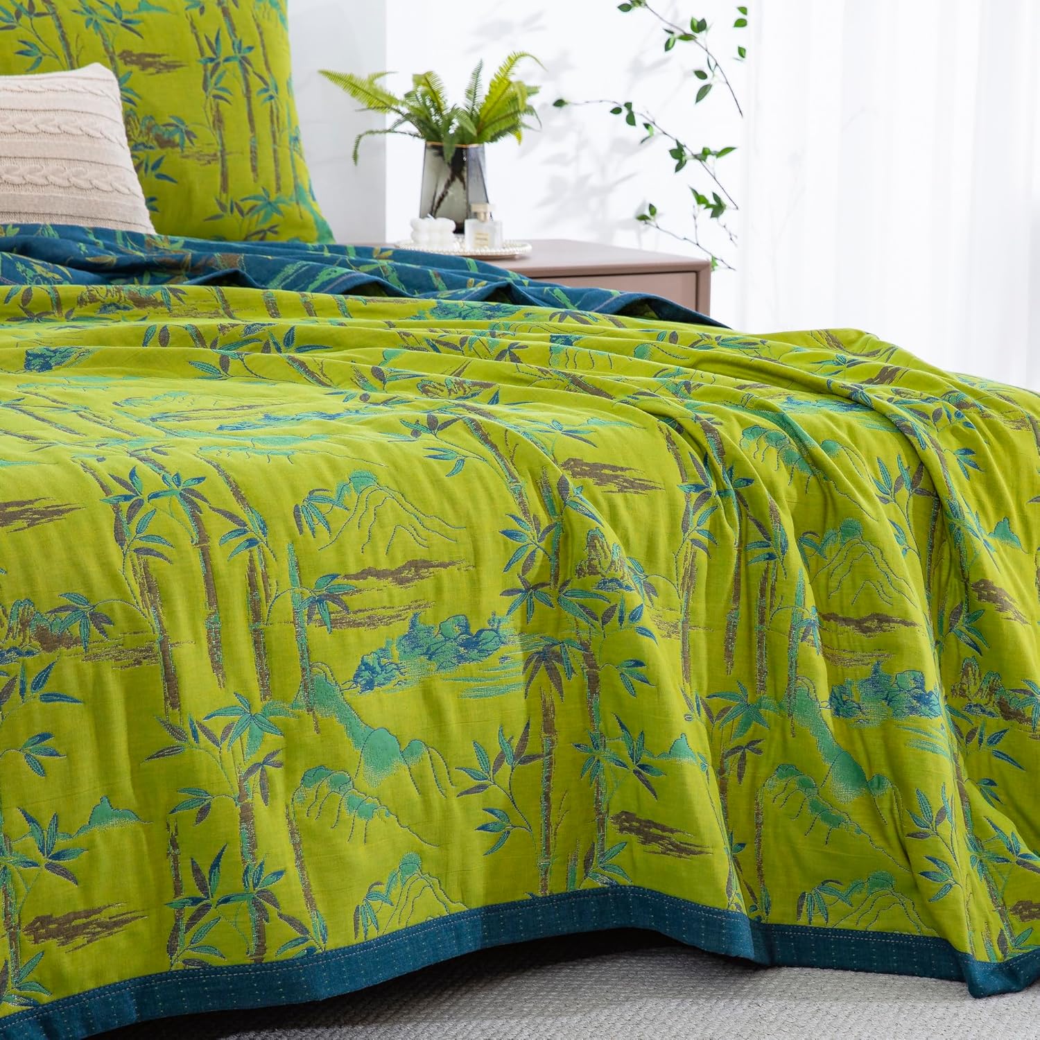 100% Cotton Muslin Jacquard 3 Piece Quilt Set Botanical Bamboo Leaf Print, Soft 3 Layers Gauze Bed Cover Reversible Bedspread Coverlet Breathable Lightweight Bedding Set, Queen - Image 5