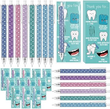 Sinload 24 Sets Dental Gifts Teeth Ballpoint Pens with Thank You Cards Back to School Gift for Dentist Assistant Hygienist Nurse Student Teacher